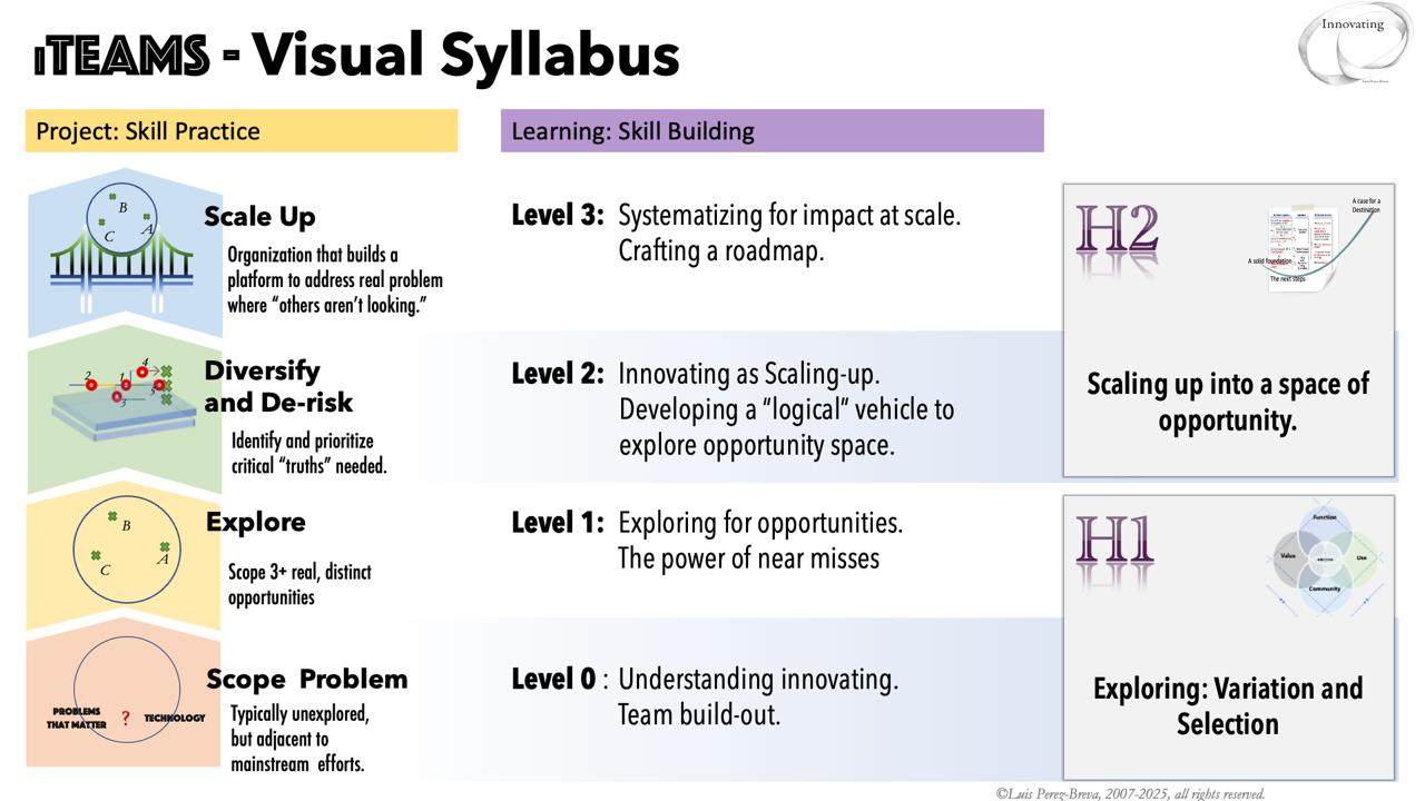 A visual syllabus outlining a structured learning approach divided in three levels focusing on systematizing and innovating to create a roadmap for scaling up.